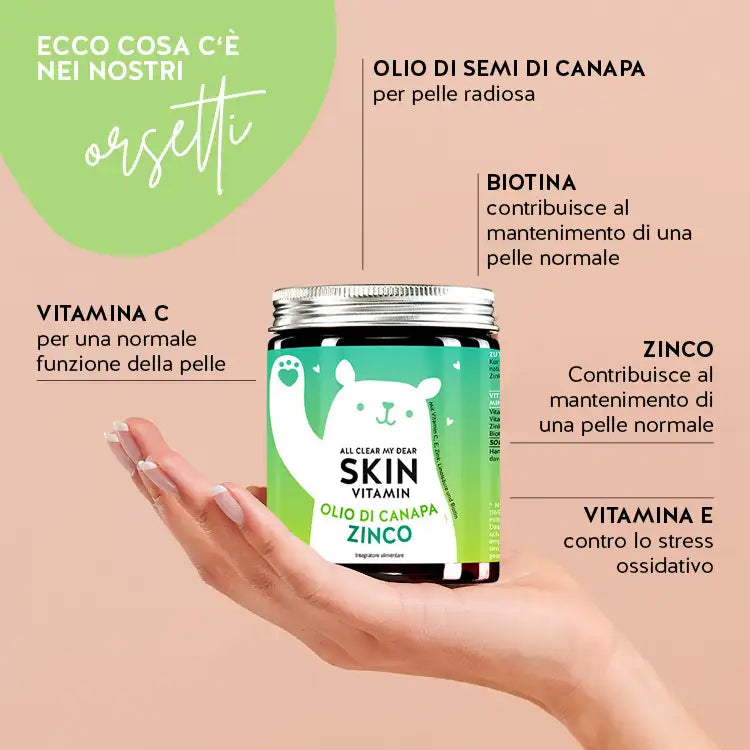 Questi ingredienti e nutrienti si trovano nelle Vitamine All Clear My Dear Skin di Bears with Benefits: Olio di semi di canapa, biotina, zinco, vitamina E e C